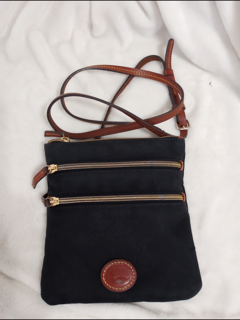 Black Nylon Crossbody Bag with Brown Leather Trim And 3 zipper Pockets Classic